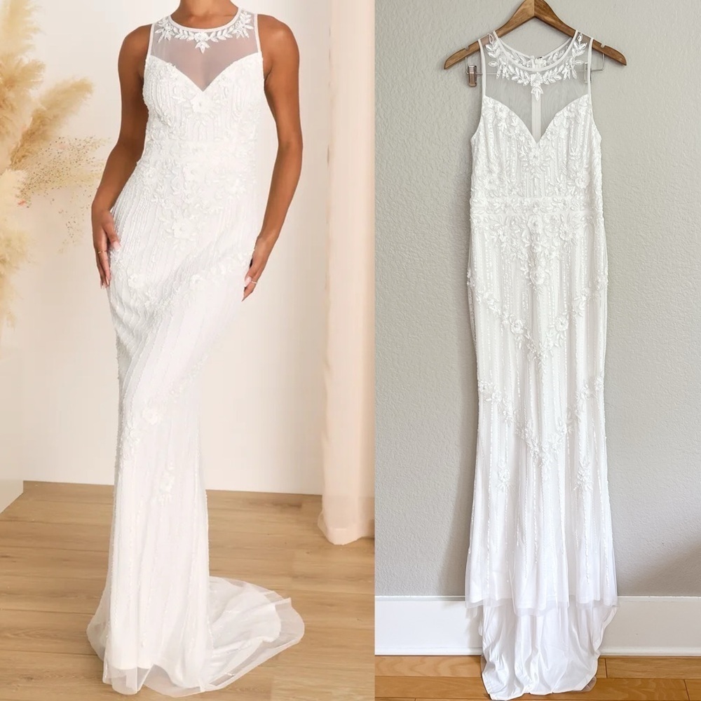 NWOT Modern Fairytale White Mesh Beaded Sequin Mermaid Maxi Dress
